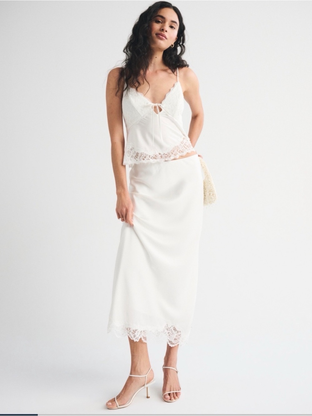 Abercrombie & Fitch Elegant White Lace-Trim Satin Skirt